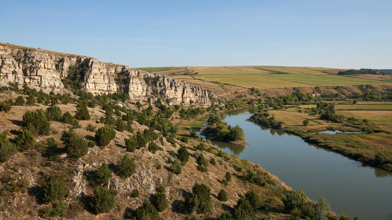 Weite Altmühltal-Landschaft mit hellen Jurahängen, Flussmäander und trockenen Wiesen